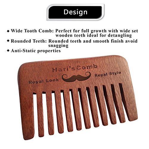 Peine de barba de madera de Hari - peine de barba de bolsillo de madera natural de melocotón hecho a mano con bolsa de algodón GRATIS - ideal para la preparación de la barba masculina