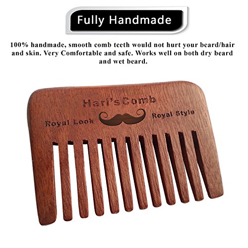 Peine de barba de madera de Hari - peine de barba de bolsillo de madera natural de melocotón hecho a mano con bolsa de algodón GRATIS - ideal para la preparación de la barba masculina