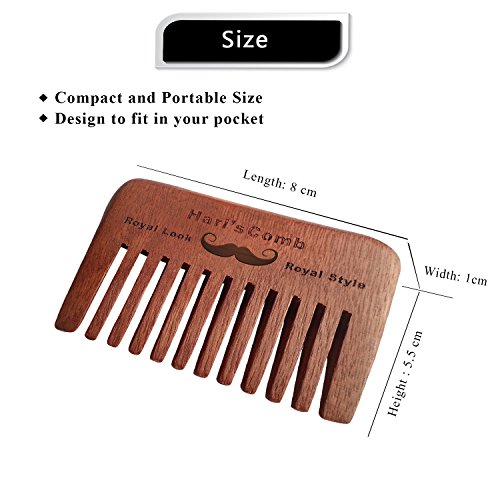 Peine de barba de madera de Hari - peine de barba de bolsillo de madera natural de melocotón hecho a mano con bolsa de algodón GRATIS - ideal para la preparación de la barba masculina