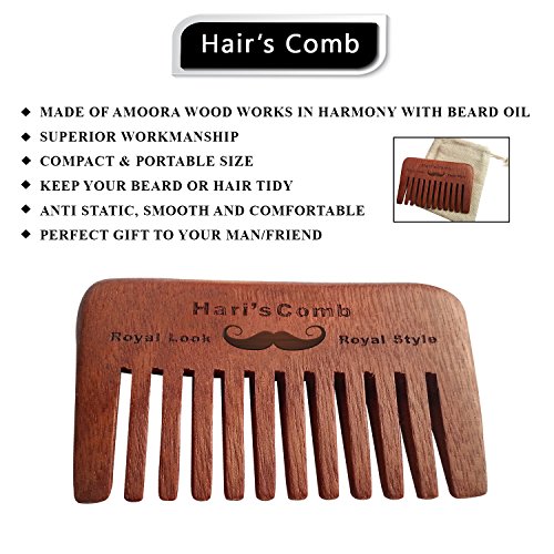 Peine de barba de madera de Hari - peine de barba de bolsillo de madera natural de melocotón hecho a mano con bolsa de algodón GRATIS - ideal para la preparación de la barba masculina