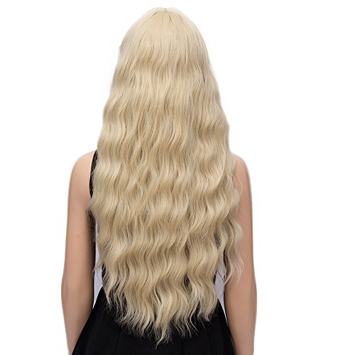 Peluca rubia clara para mujer peluca larga con pelucas de cabello sintético resistente al calor en forma de ondas con flecos para la fiesta de cosplay