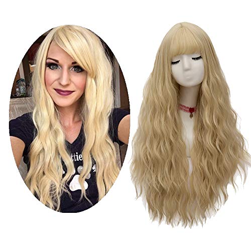 Peluca rubia clara para mujer peluca larga con pelucas de cabello sintético resistente al calor en forma de ondas con flecos para la fiesta de cosplay