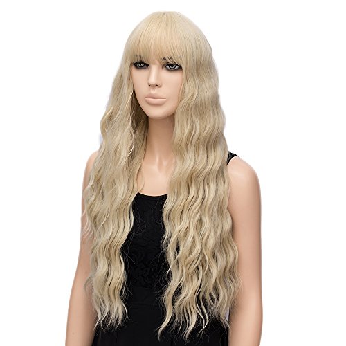 Peluca rubia clara para mujer peluca larga con pelucas de cabello sintético resistente al calor en forma de ondas con flecos para la fiesta de cosplay