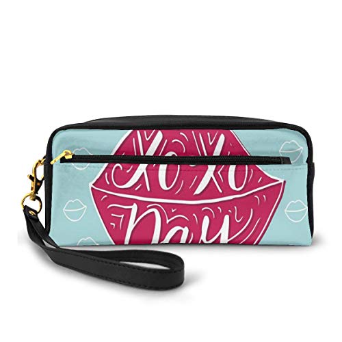 Pencil Case Pen Bag Pouch Stationary,Sexy Woman Full Pink Lips with Hugs and Kisses Day Phrase Fashion Graphic Print,Small Makeup Bag Coin Purse