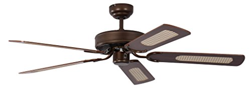 Pepeo Potkuri ventilador de techo sin luz, carcasa de bronce viejo, aspas reversibles color caoba con insertos de ratán, 132 cm, para habitaciones de hasta 25 m²