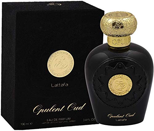Perfume en spray Opulent Oud de Lattafa Halal Attar EDP, 100 ml, almizcle, color azul y negro