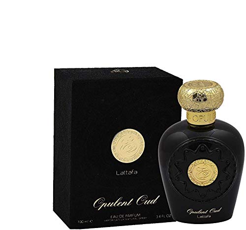 Perfume en spray Opulent Oud de Lattafa Halal Attar EDP, 100 ml, almizcle, color azul y negro