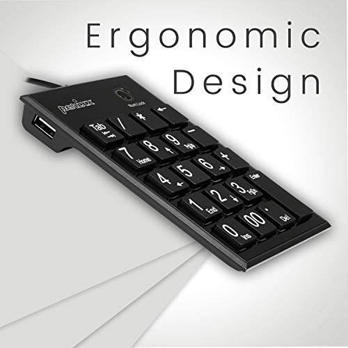Perixx Peripad-202 Teclado numérico USB con 2 USB Hub y con tecla Tab. Tamaño Completo de 19 Teclas. Impresión Grande. Negro