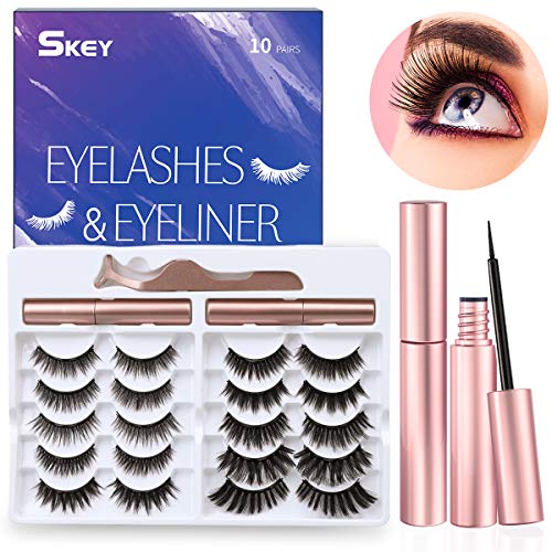 Pestañas Magnéticas, SKEY 3D 5D Pestañas Magneticas Delineador Kit, Pestañas Postizas Naturales Con 5 Imanes y Eyeliner Waterproof +Pinzas Kit, Reutilizables(10 pares)