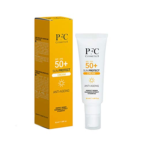 PFC Cosmetic Crema Solar Mineral Sun Protect SPF 50+ Antiaging Protección solar con Vitamina B3 Perfect Renew Radiance Extract Locción Solar con Protección UVA UVB Duradera Transpirable e Hidratante.