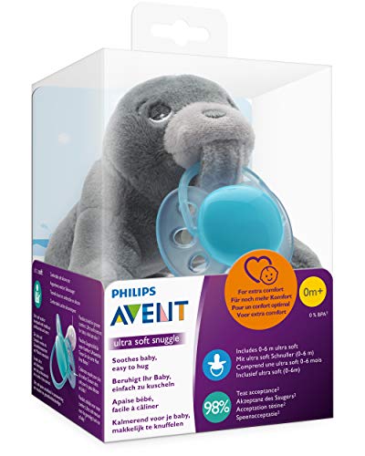 Philips Avent Peluche con chupete SCF348/14 - Peluche de foca con chupete ultra soft, sin BPA, 0-6 meses