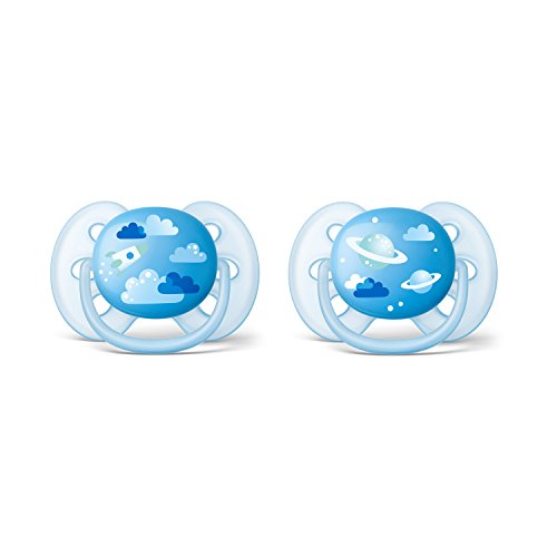 Philips Avent SCF222/22 - Pack de dos chupetes ultra suaves y flexibles, decorados, 6-18 meses, niño, color azul cielo