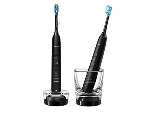 Philips Pack doble cepillos eléctricos DiamondClean 9000 en NEGRO, Cepillos conectados con app y tecnología sónica con 4 modos de cepillado, cabezales antiplaca C3, vaso cargador y base de carga