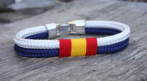 Pi2010 - Pulsera Marino y Blanco/Bandera de España Trenzada en Frontal/Grosor 4mm / Talla 17cm / Recomendable medirse la muñeca/Hecho a Mano en España