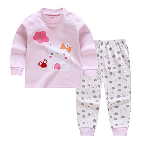 Pijamas de Manga Larga para Niños, Morbuy Pijamas Dos Piezas Bebe Niño y Niña Otoño Suave Y Cómoda Ropa 100% Algodón Ceñido Mantener Caliente Camisa + Pantalón (80cm,Gato Rosa)