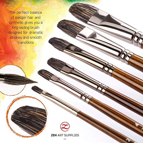 Pinceles Artist's Choice Profesionales para Artistas ZenArt (6 Piezas) para Pintura de Óleo, Aguada y Acrílica - Pincel Lengua de Gato, Pelo de Tejón y Mezcla Sintética con Mango Largo