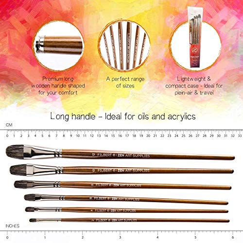 Pinceles Artist's Choice Profesionales para Artistas ZenArt (6 Piezas) para Pintura de Óleo, Aguada y Acrílica - Pincel Lengua de Gato, Pelo de Tejón y Mezcla Sintética con Mango Largo