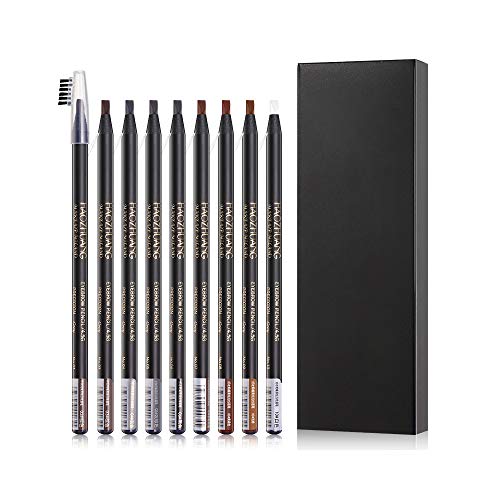 Pinkiou Lápiz de cejas con pincel Impermeable Peel Off Negro Marrón Gris 8 colores Bolígrafos (12 PCS)