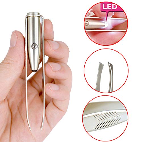 Pinza para cejas profesional con luz LED de alta precisión de acero inoxidable