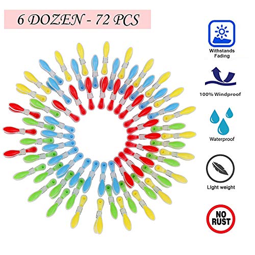 Pinzas para Tender Ropa (72 Piezas) – Pinzas Ergonómicas Agarre Suave A Prueba de Viento para Calcetines, Toallas de Mano, Hotel, Spa – No se oxidan Tendedero Pinzas Rojo, Azul, Amarillo y Verde
