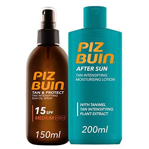 Piz Buin, Tan & Protect Aceite en Spray Acelerador del Bronceado, SPF15, Protección Media,150ml + After Sun Loción Intensificadora del bronceado,200ml