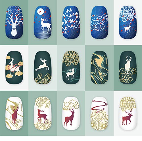 Plantilla placas de estampado de uñas profesionales con estilo chino Leyenda antigua Patrones de árbol de ciervo Sika para manicura Impresión de imagen Diseño de uñas Herramientas de transferencia