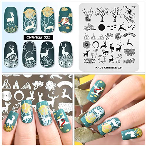 Plantilla placas de estampado de uñas profesionales con estilo chino Leyenda antigua Patrones de árbol de ciervo Sika para manicura Impresión de imagen Diseño de uñas Herramientas de transferencia