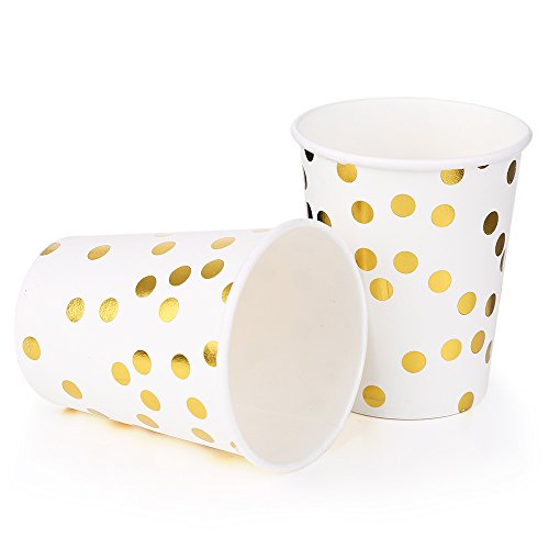 Platos Desechables y Vasos Cumpleaños, Juego de 180 Piezas Vasos de Carton y Plates con Patrón Dorado - 60 Vasos de Papel 270ml - 60 Platos de Postre 7"- 60 Platos Grandes 9"