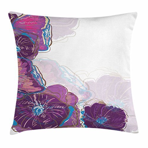 Plum Throw Pillow Cushion Cover, Flourishing Vibrant Flower Petals Flora Essence Cottage Wildlife, Decorative Square Accent Pillow Case, 18 X 18 Inches, Dark Purple Fuchsia Blue Pink