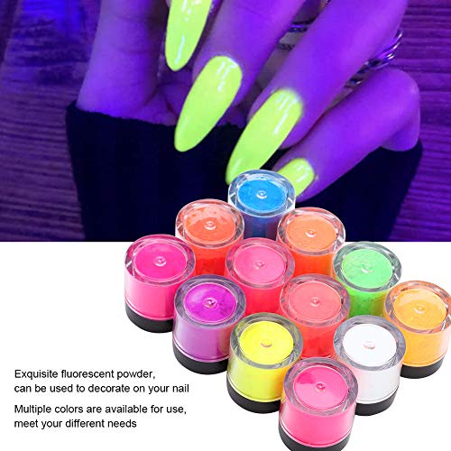 Polvo fluorescente, polvo de fósforo de uñas de 12 colores, polvo de pigmento de neón, reactivo de luz negra UV, herramienta de manicura de polvo de bricolaje de uñas de Halloween(12 piezas)