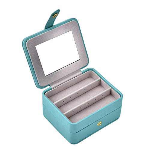 Pongnas Nuevo pequeño joyero de Viaje, Mini joyero, Espejo de Cuero Incorporado, Doble Anillo portátil, Pendientes, Caja de Almacenamiento, Damas y niñas(Azul de Tiffany)