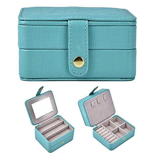 Pongnas Nuevo pequeño joyero de Viaje, Mini joyero, Espejo de Cuero Incorporado, Doble Anillo portátil, Pendientes, Caja de Almacenamiento, Damas y niñas(Azul de Tiffany)