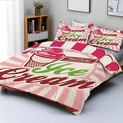 Popun Juego de Funda nórdica, Logotipo Retro de Helado de Fresa en Tonos Suaves, Arte Pop casero, decoración, Juego de Cama de 3 Piezas con 2 Fundas de Almohada, Crema Granate Rosa Fuerte, p