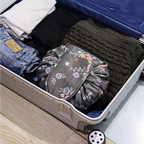 Portátil Lazy Drawstring bolsa de maquillaje de viaje bolsa de cosméticos organizador de artículos de tocador impermeable grande para mujeres y niñas (flor oscura)