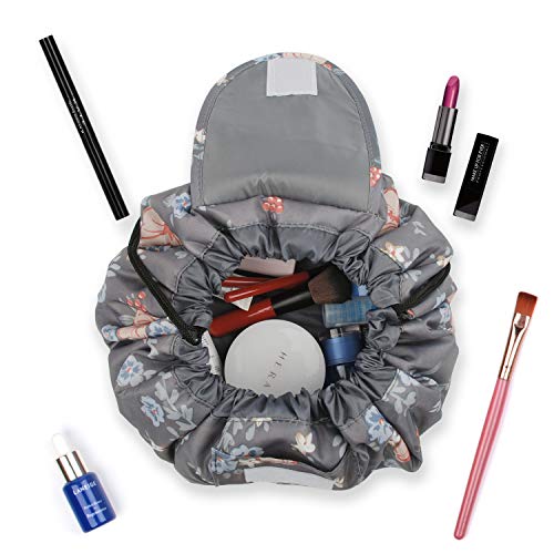 Portátil Lazy Drawstring bolsa de maquillaje de viaje bolsa de cosméticos organizador de artículos de tocador impermeable grande para mujeres y niñas (flor oscura)