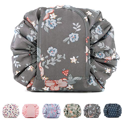 Portátil Lazy Drawstring bolsa de maquillaje de viaje bolsa de cosméticos organizador de artículos de tocador impermeable grande para mujeres y niñas (flor oscura)