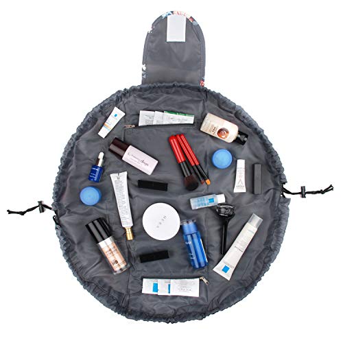 Portátil Lazy Drawstring bolsa de maquillaje de viaje bolsa de cosméticos organizador de artículos de tocador impermeable grande para mujeres y niñas (flor oscura)
