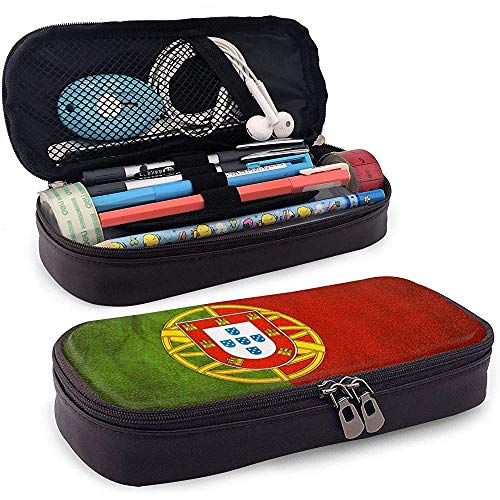 Portugal Flag Gran Capacidad Funda de Lápiz de Cuero Lápiz Lápiz Papelería Titular Caja Organizador Colegio Maquillaje Pluma Bolsa de Cosméticos Portátil