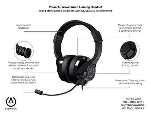 PowerA Fusion Auriculares Gaming con Micrófono Desmontable y Cable - Compatibles con PlayStation 4, Xbox (One, One X, One S, 360), Nintendo Switch, Mac, Android, IOS - Negro