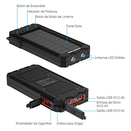 POWERADD Cargador Solar Portátil con 12000mAh, Batería Externa 2 Puertos de USB Panel Solar con Alta Eficiencia de Conversión Impermeable Inteligente, Color Naranja y Negro.