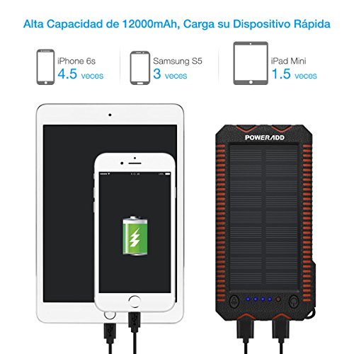POWERADD Cargador Solar Portátil con 12000mAh, Batería Externa 2 Puertos de USB Panel Solar con Alta Eficiencia de Conversión Impermeable Inteligente, Color Naranja y Negro.