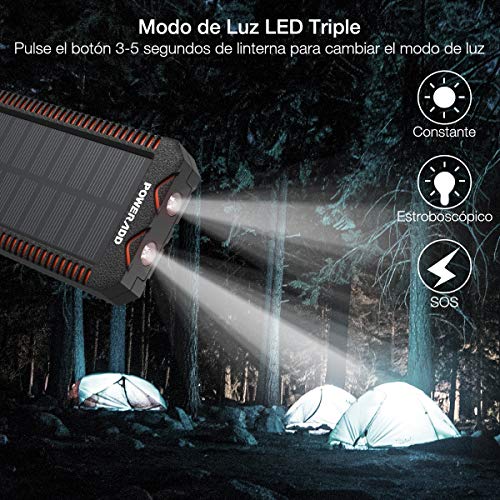 POWERADD Cargador Solar Portátil con 12000mAh, Batería Externa 2 Puertos de USB Panel Solar con Alta Eficiencia de Conversión Impermeable Inteligente, Color Naranja y Negro.