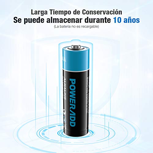 Poweradd Pilas Alcalinas AA Baterías LR6 de 10 Años Larga Duración para Linternas, Relojes, Mandos a Distancia, Juguetes-20 Unidades de 1.5V