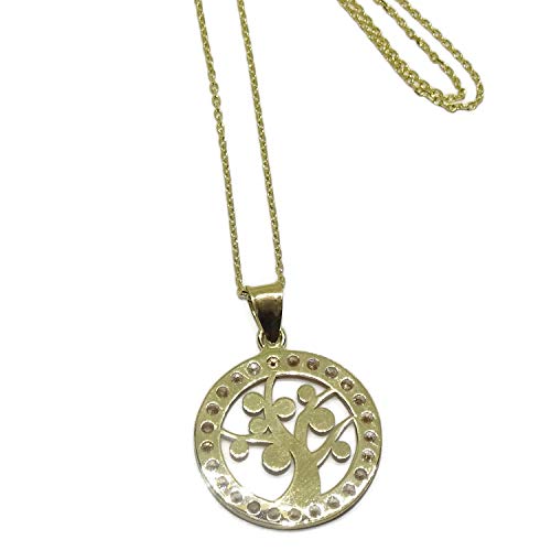 Precioso collar con cadena forzada de oro amarillo de 18K de 1mm de grosor y 45cm de larga con colgante del Árbol de la vida de oro amarillo de 18K con 28 circonitas y esmalte pintado a mano. 1.90cm