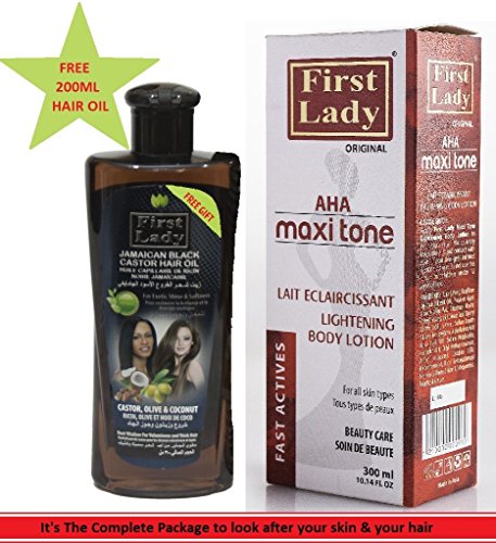 Primera Dama Premium AHA Maxi tono Skin para cuerpo loción 300 ml + pelo de primera dama de hierbas Jamaica negro Castor Oil 200 ml