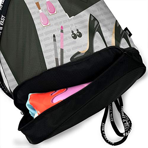 Printed Drawstring Backpacks Bags,Black Smart Cocktail Dress Perfume Make Up Clutch Bag,Adjustable String Closure