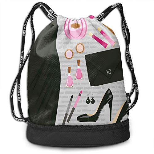 Printed Drawstring Backpacks Bags,Black Smart Cocktail Dress Perfume Make Up Clutch Bag,Adjustable String Closure
