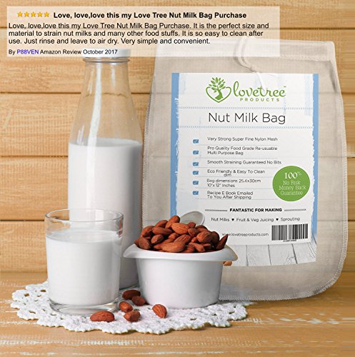 Productos Love Tree bolsa para leche de nueces - El mejor colador orgánico de leche de almendras con calidad premium que incluye un E book de recetas gratuito - Bolsa de malla de grande, reusable y fuerte - Leches de nueces y jugos suaves siempre con gara