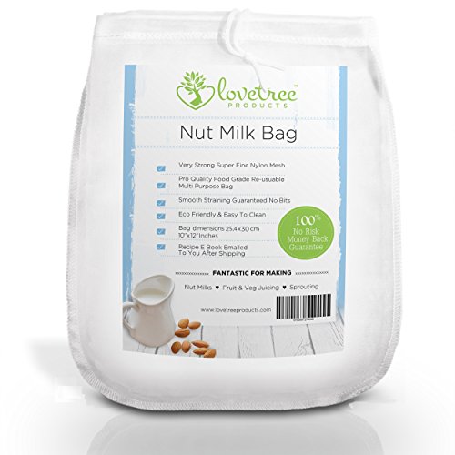 Productos Love Tree bolsa para leche de nueces - El mejor colador orgánico de leche de almendras con calidad premium que incluye un E book de recetas gratuito - Bolsa de malla de grande, reusable y fuerte - Leches de nueces y jugos suaves siempre con gara