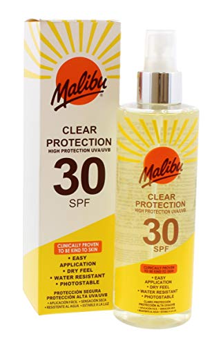Protector solar transparente Malibu SPF 30, atomizador, 250 ml.